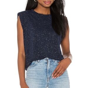 ALL SAINTS Coni Shimmer Tank Tee in Midnight Blue Silver Shoulder Pads Revolve M